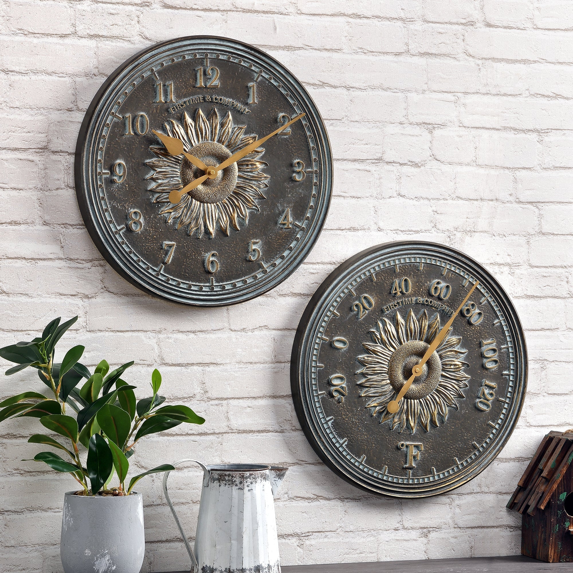 Sunflower outdoor clock and thermometer set