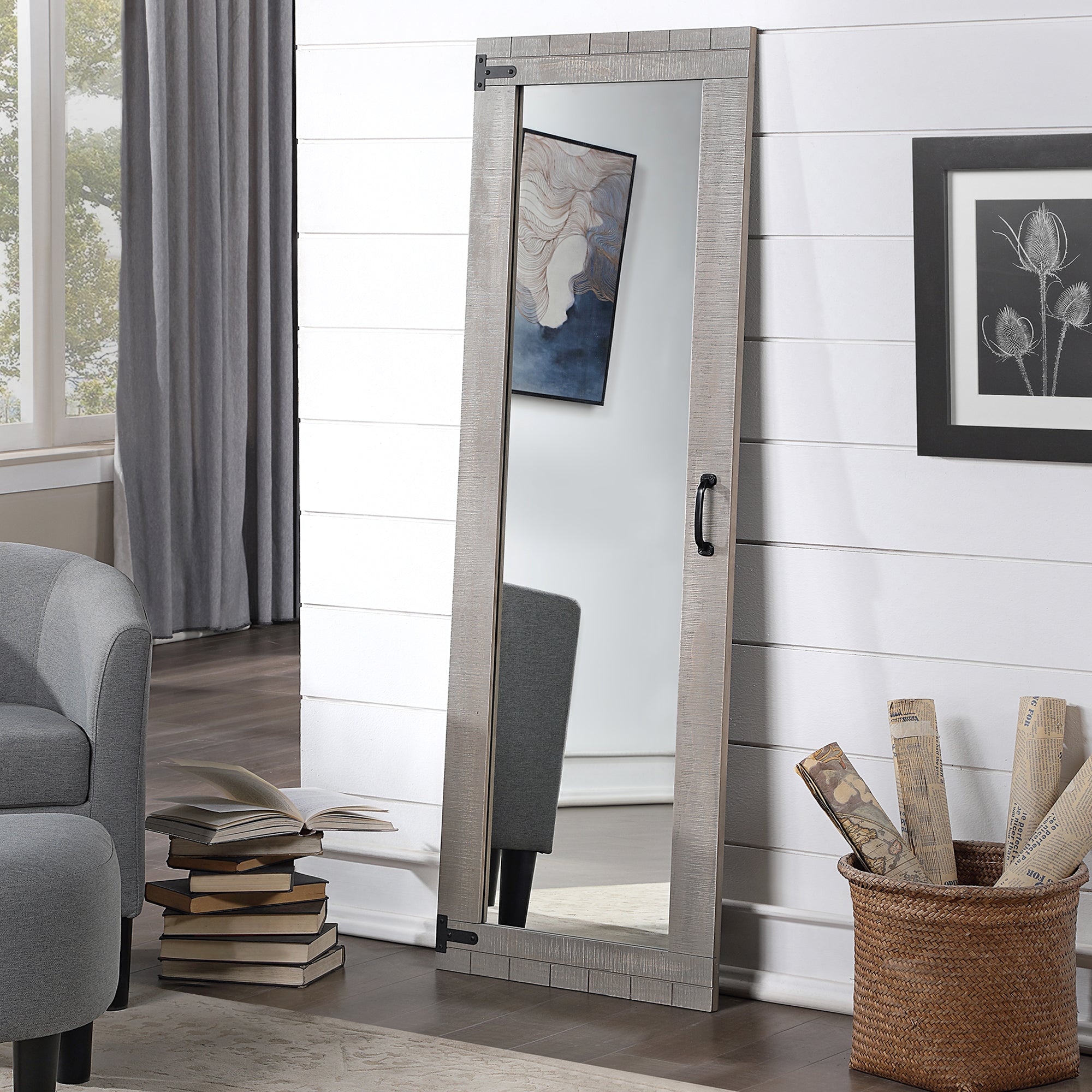 Gray standing mirror with handle