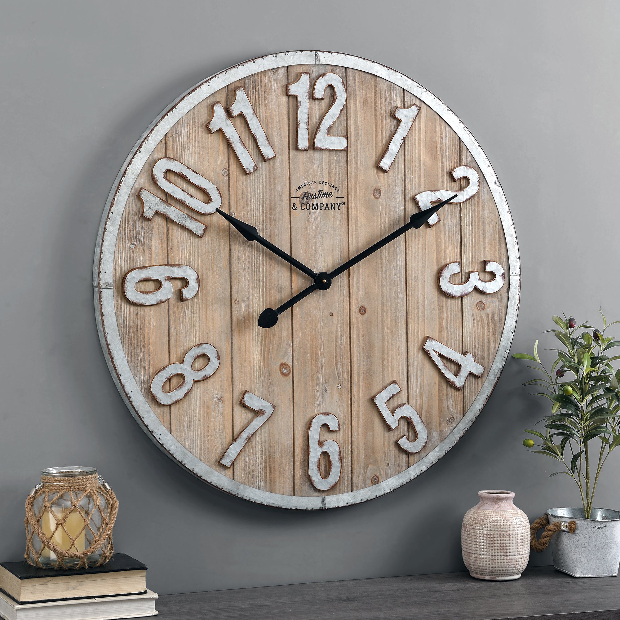 FirsTime & Co. Dark Silver Shiplap Outdoor Wall Clock, Farmhouse