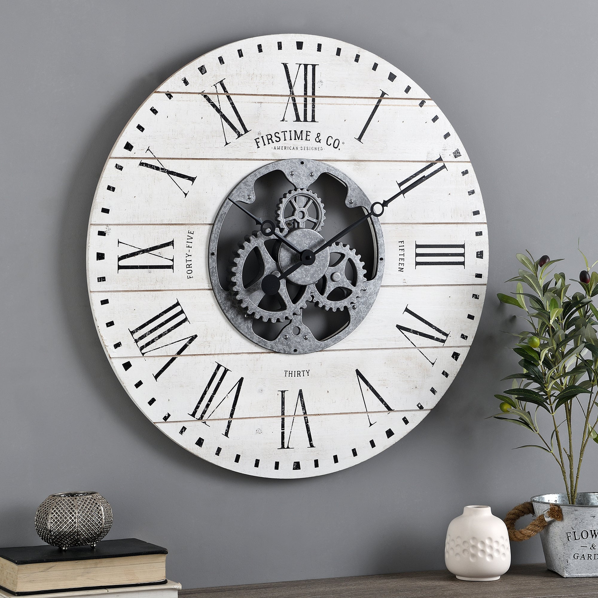 White shiplap clock with silver gears
