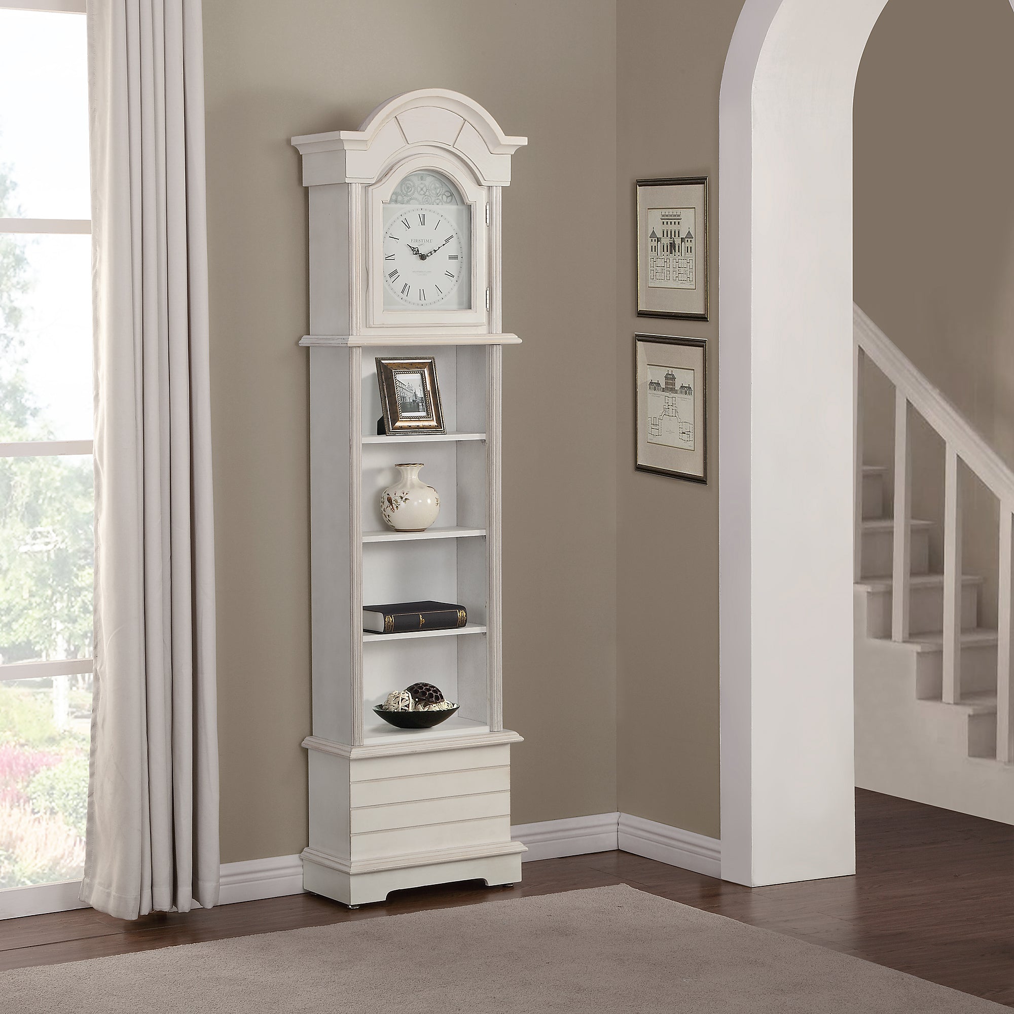 White grandfather clock with shelves