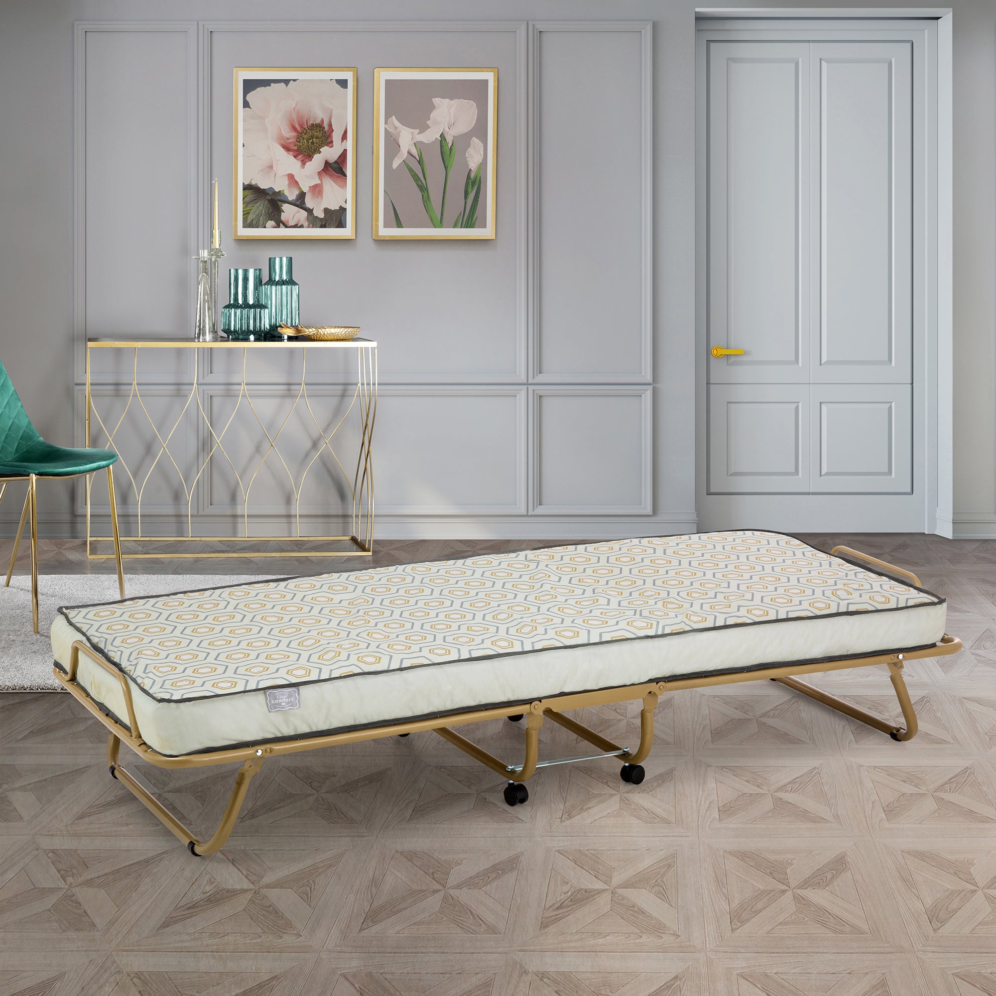 Gold folding bed with ivory mattress