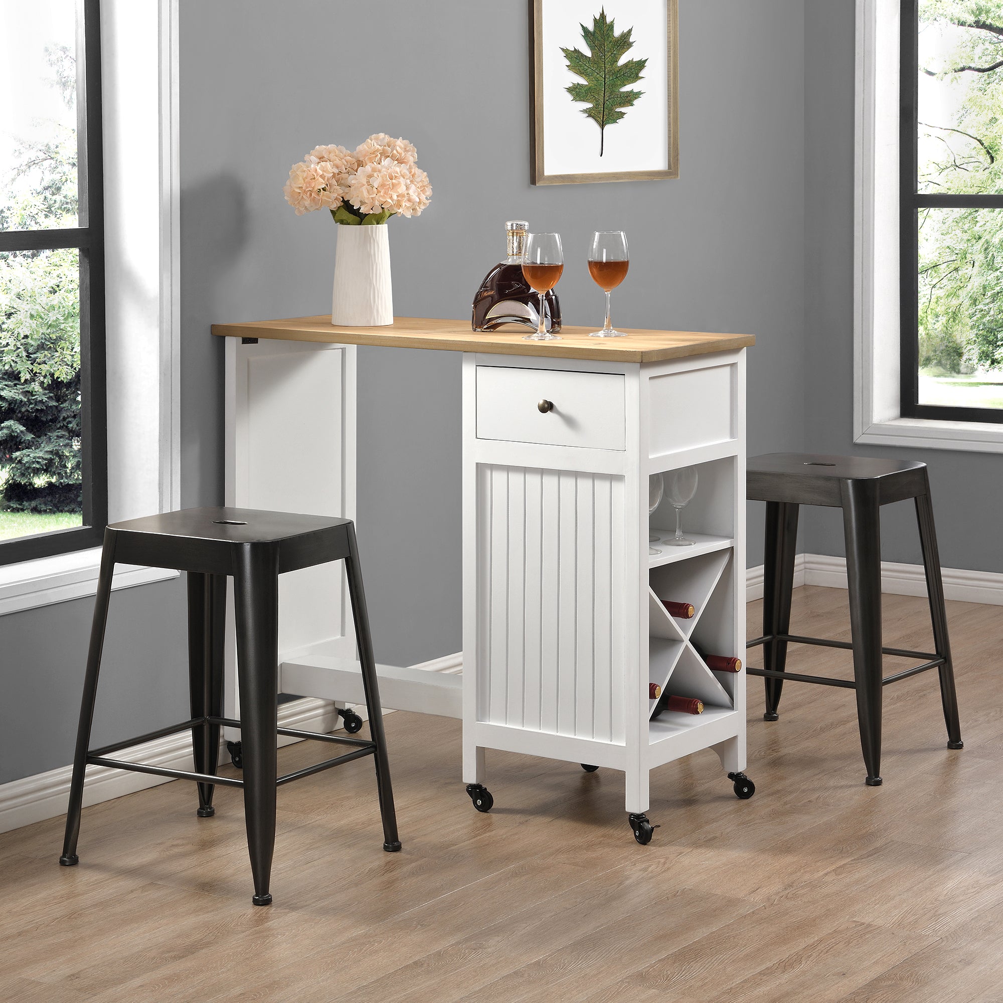 Metal counter stools with a white kitchen cart