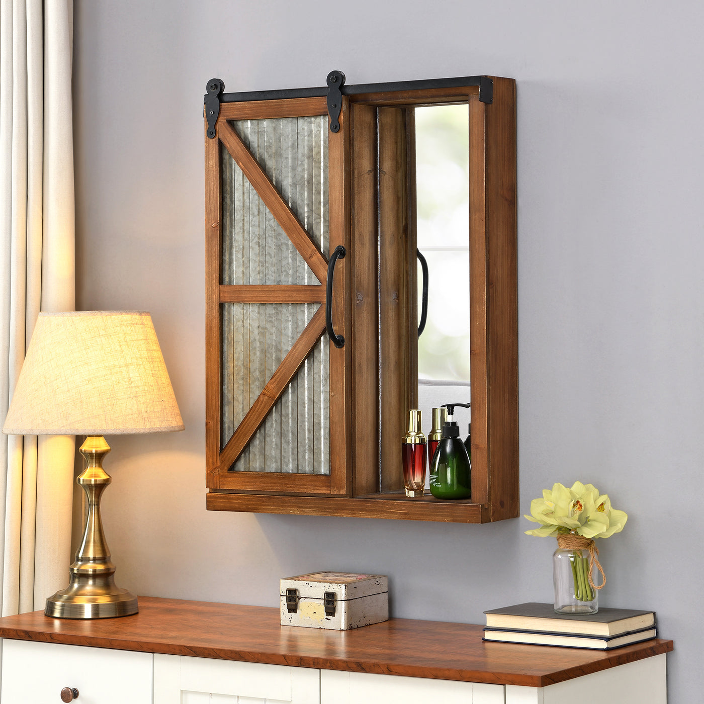 Winona Barn Door Mirrored Cabinet and Wall Shelf