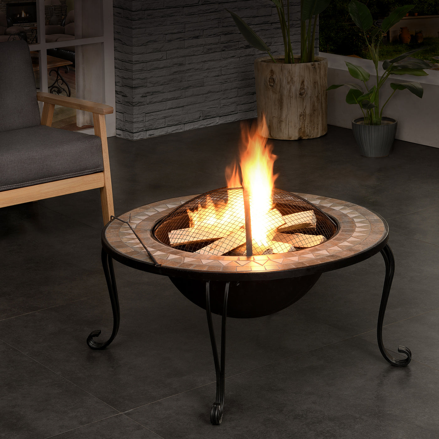 FirsTime & Co. Brown Artemis Fire Pit With Screen Lid, Industrial Style, Made of Mosaic Tiles