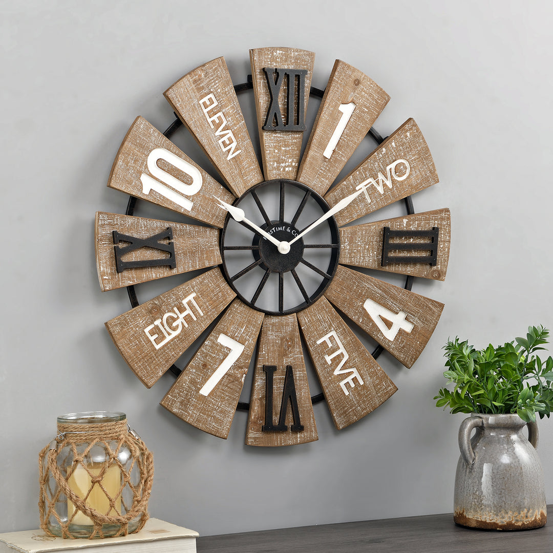 FirsTime & Co. Natural Leland Windmill Wall Clock, Farmhouse Style, Made of Wood