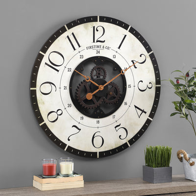FirsTime & Co. Brown And Bronze Carlisle Gears Wall Clock, Industrial Style, Made of Wood