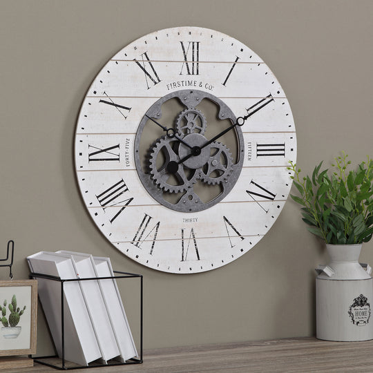 FirsTime & Co. White Shiplap Gears Wall Clock, Farmhouse Style, Made of Wood