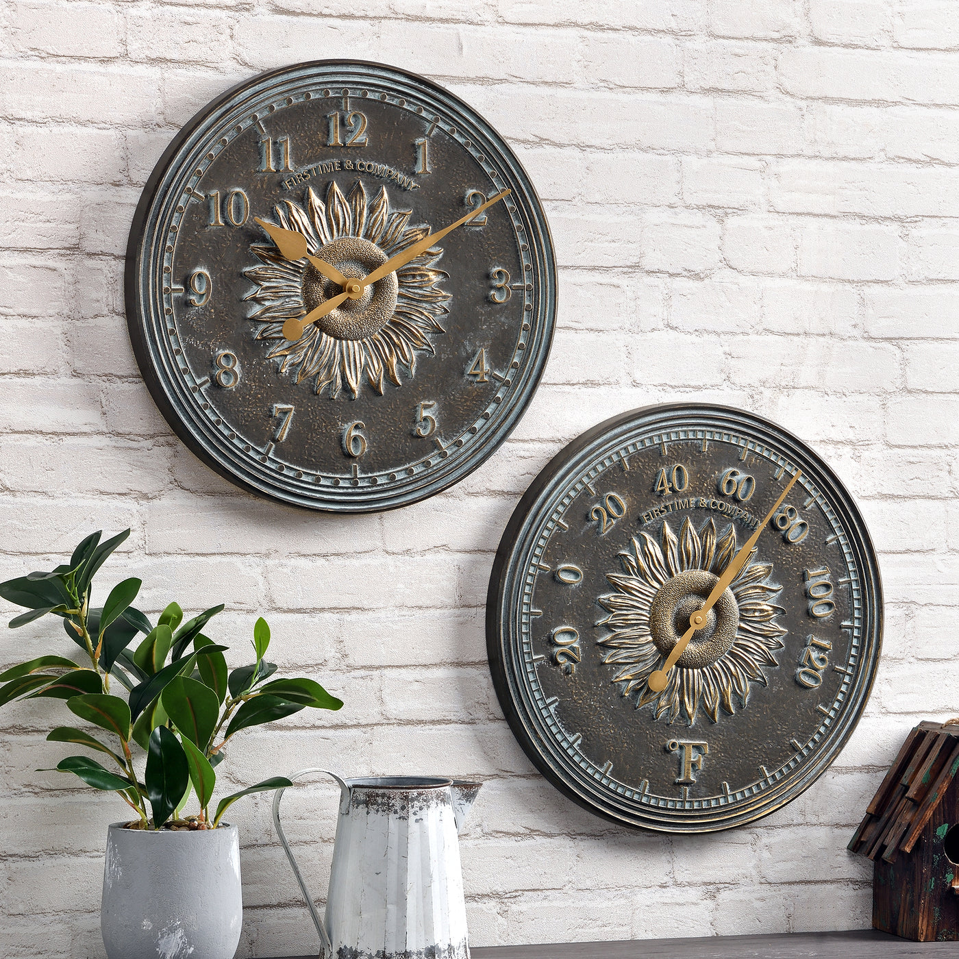 FirsTime & Co. Verdigris Calisto Sunflower Outdoor Wall Clock And Thermometer 2-Piece Set, Rustic Style, Made of Plastic