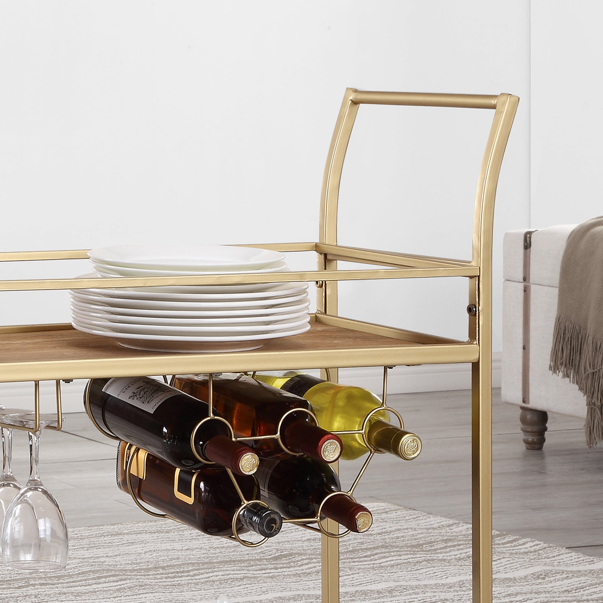 Gold bar cart online with wine glass rack