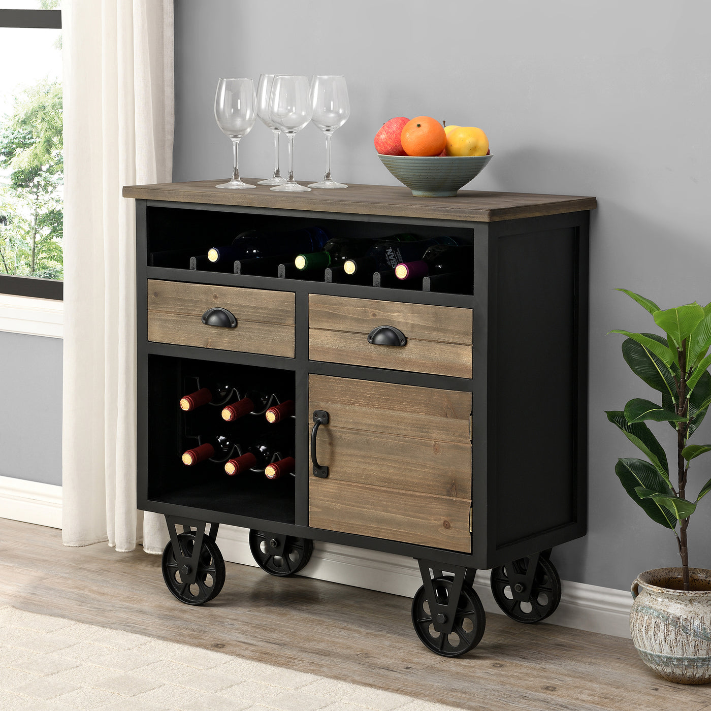 FirsTime & Co. Black And Brown Logan Bar Cart, Farmhouse Style, Made of Wood