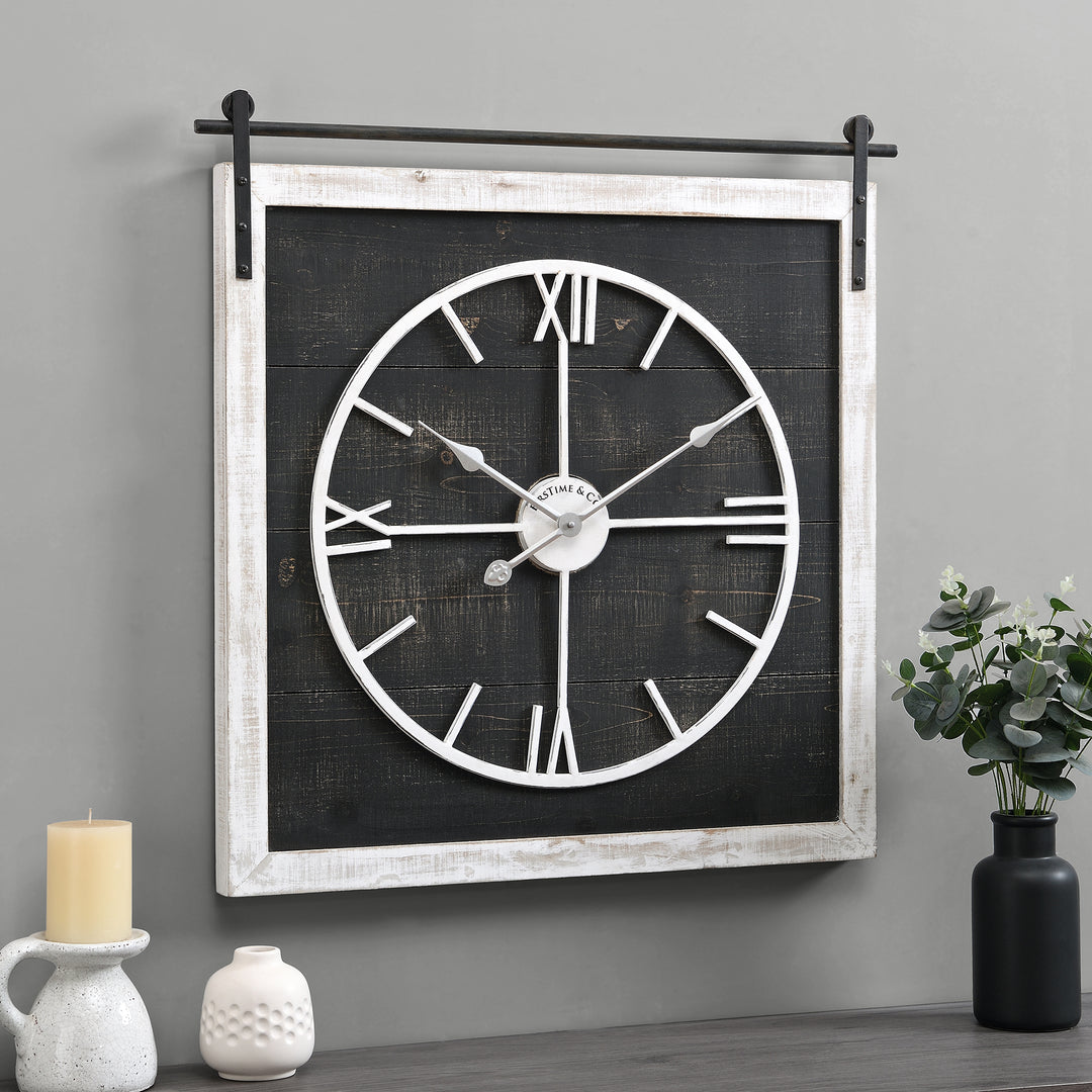 FirsTime & Co. Black And White Brennan Barn Door Wall Clock, Farmhouse Style, Made of Wood